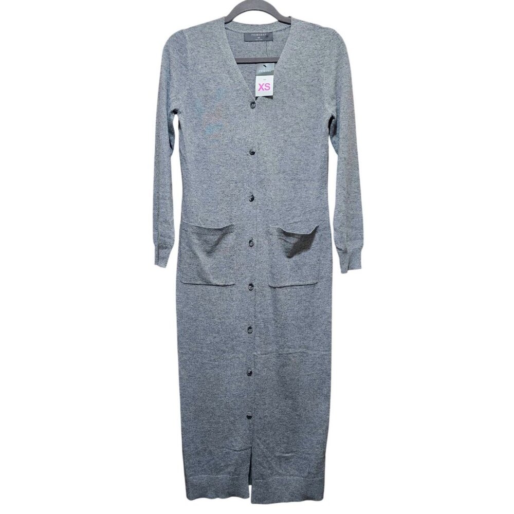 Primark Womens Long Gray Button-Up Cardigan With Front Pockets Size XS Lightweig